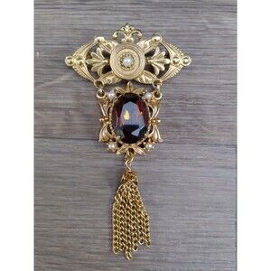 Florenza Victorian Revival Brooch Large Topaz-Color Faceted Stone Fringe Tassel